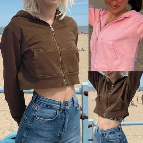Coat Long Sleeve Solid Color Jacket Autumn Women Crop Top Zipper Pockets Hoodie for Autumn Sweatshirt Tops