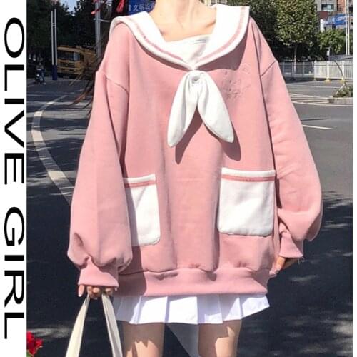 Kawaii Japanese Sweet Soft Girl Sweatshirt Sailor Collar Bow Pullover Cute Bear Ears Embroidery Pocket Full Sleeve Sweatshirts