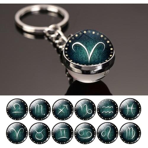 Fashion Double Side Glass Ball 12 Constellation Keychain Zodiac Signs Jewelry For Men For Women Birthday Gift