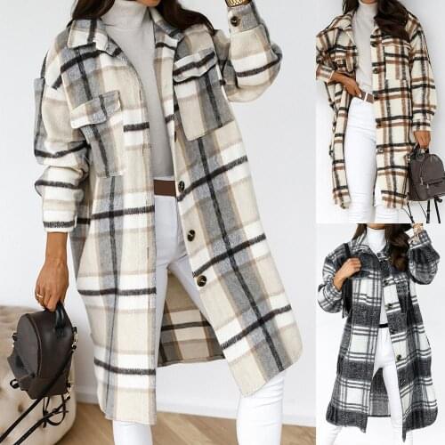 Autumn Casual Plaid Long Sleeve Lady Jacket Women Vintage Turn-Down Collar Tops Coat Elegant Female Single Breasted Outerwear