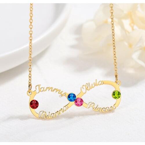 Custome Infinity Name Birthstone Necklace Gold Stainless Steel Chain Family Pendant Jewelry for Women Family Gift