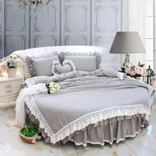 Grey color LUX Pure Cotton Ruffle Duvet cover Bedsheet Pillow case sets Round Bedding kit 4PCS Super Large sizes Europe Home Bed