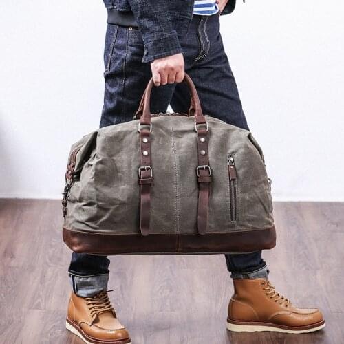Portable Travel Bag Large Capacity Mens Waterproof American Retro Wax Canvas Luggage Messenger Bag with Crazy Horse Leather