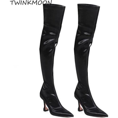 Sock Thigh High Boots Black Cup Strange High Heels Womens High Boots Sexy Slim Fit Shoes Over The Knee Boots zapatos de mujer