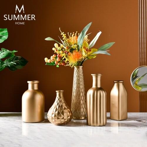 Modern Golden Glass Vase Light Luxury Vase Decoration Home Design Desktop Flower Arrangement Decorative Vases Golden Vases