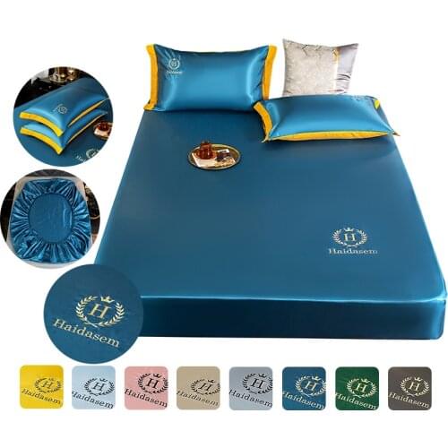 Light Blue Embroidery Bed Sheet With Pillow Case,3 in 1 Bedsheet,Elastic Fitted Sheet,Bed Cover Mattress(Depth) 5-38cm