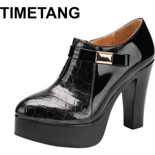 TIMETANGDeep mouth fall winter boots pointed toe patent leather shoes women boots high heels platform shoes black wedding shoes