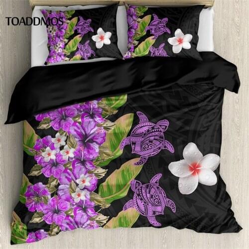 TOADDMOS 3Pcs Bed Sheet Pillow Case Set Trendy Polynesian Plumeria with Sea Turtle Purple Home Bedroom Decoration Bedding Set
