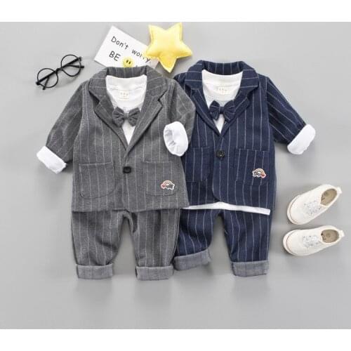 3pcs Boys Gentleman Formal Suits Striped Fashion T-Shirt+Blazer+Pant Kids Wedding Suits Children Party Clothing Sets