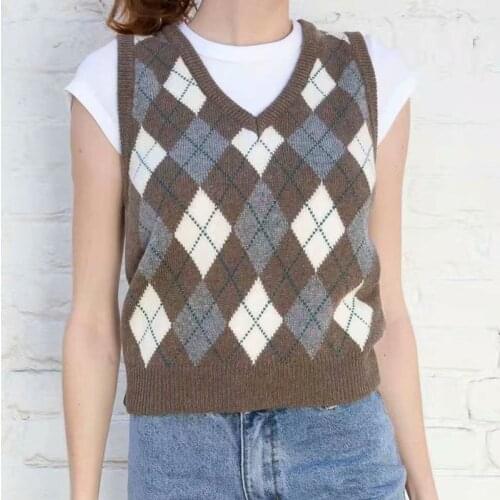 UNUTH Girls Vintage Diamond Sweater 2021 Sping-Autumn Fashion Ladies Elegant Knitwear Slim Women V Neck Vest