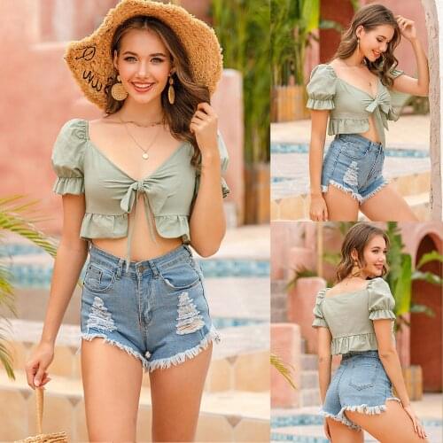 Women T-Shirt Solid Color Crop Top Celadon Short Puff Sleeves Deep V-Neck Pullover Streetwear