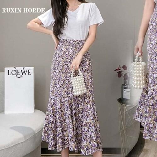 Chiffon Skirt Female High Waist A-Line Fishtail Shirring Floral Half Mid-Length Girly 2021 Spring Summer Bohemian Sweet Fairy