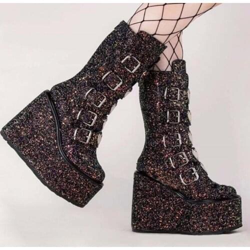 Shiny Sequins Large Size 43 Slope Heel Mid-Tube Boots Womens Boots Winter 2021 New Frosted Shiny Fashion Boots Metal Decoration