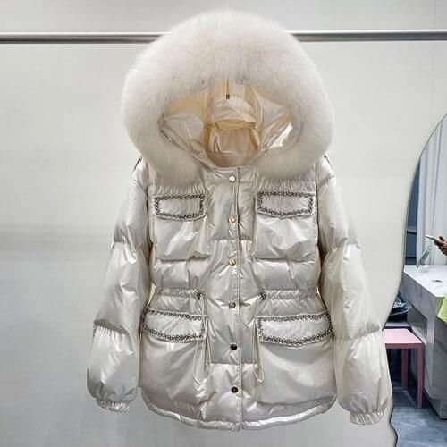 Natural Fox Fur Hooded Winter Down Coat Women White Duck Down Jacket Puffer Coats Thick Female Down Parkas Outwear Oversize