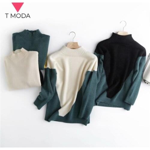 T MODA 2021 Autumn Winter Women Matching Loose Fashion Knitted Pullover Mock Neck Female Thick Warm Retro Chic Sweater Tops