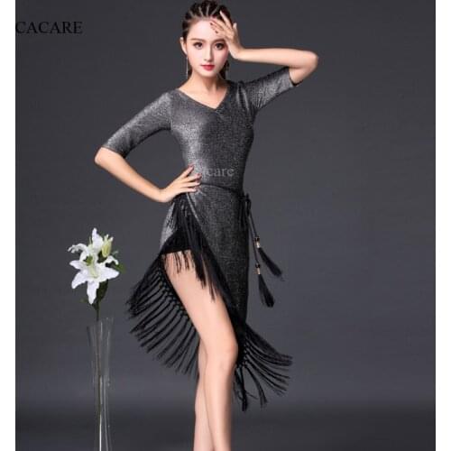 CACARE Latin Dance Dress Costumes Women Salsa Dresses Tango Dance Clothes D0366 Silver Irregular Hem with Tassels 1/2 Sleeve