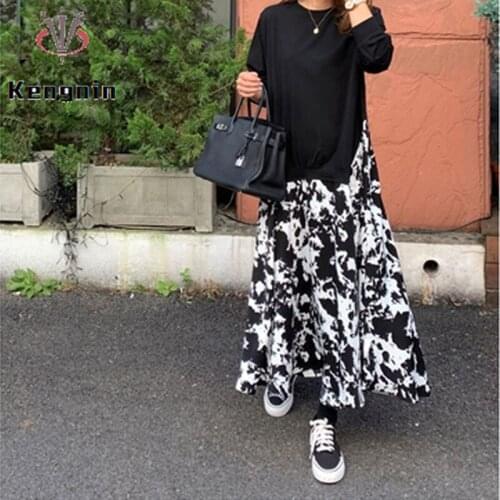 2021 Spring Women Oversized Dress Ladies Long Sleeve T-Shirts Dress Knitted Patchwork Print Robe Fake Two Piece Dresses KE996