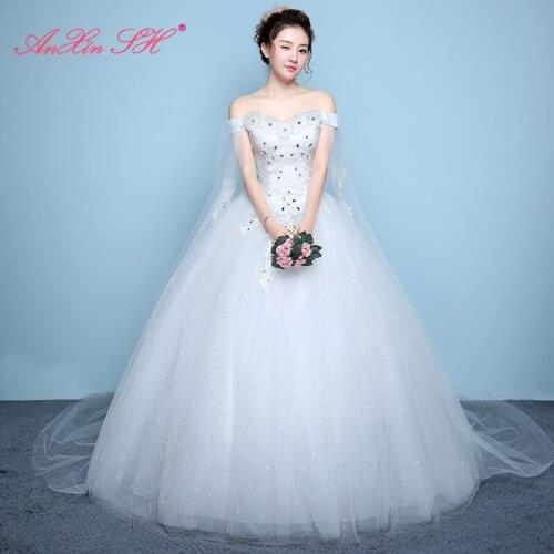 AXJFU princess white flower lace wedding dress vintage boat neck illusion little flower beading crystal with view wedding dress