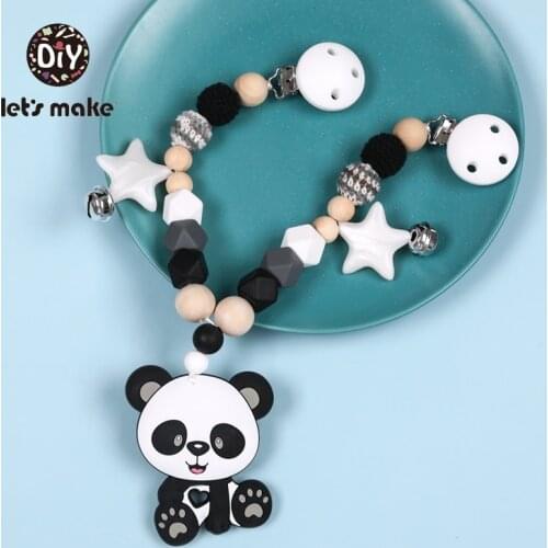 Lets Make Pram Cart Chain Silicone Animal Teether Baby Bed Hanging Rattle Toys Panda Fox Crochet Beads Bracelet Baby Rattles