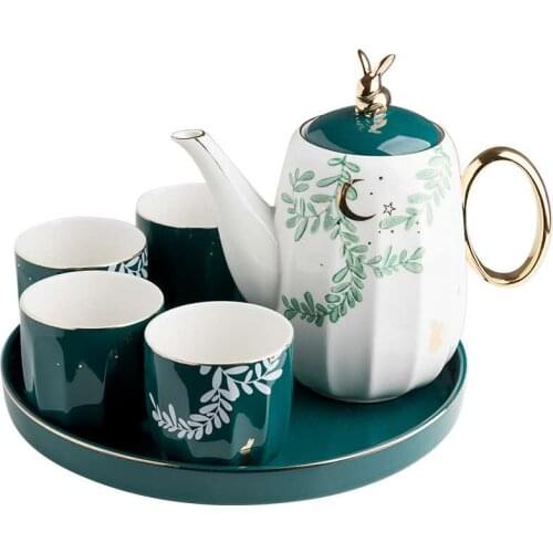 Europe Porcelain Tea Set Nordic Gold Inlay Teaware Set Ceramic Coffeeware Kettle Coffee Cup Tea Mug With Porcelain Tray