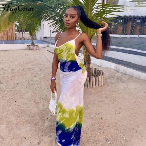 Hugcitar 2021 Sleeveless Vintage Print Backless Sexy Maxi Dress Summer Women Party Elegant Pearl Strapes Y2K Clothing