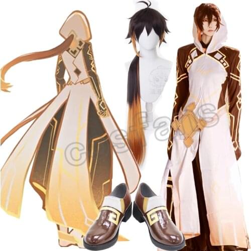 Anime Genshin Impact Zhongli Morax Game Suit Handsome Uniform Cosplay Costume Wigs Halloween Carnival Party Outfits 2021 NEW