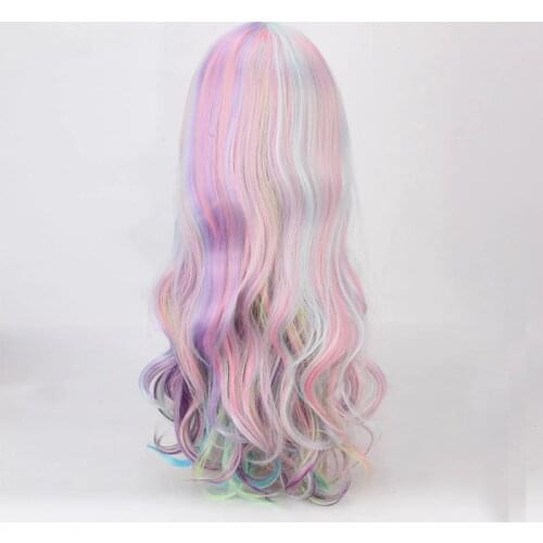 Colorful Rainbow Wig Long Curly Wigs women girls Synthetic Hair High Temperature Fiber Fake Hair Halloween party play Perucas
