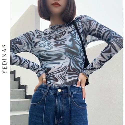 Yedinas Tie Dye Long Sleeve Crop Top Sexy Slim See Through Mesh Tops Flare Sleeve T Shirts Designer Y2k Fashion Streetwear Egirl