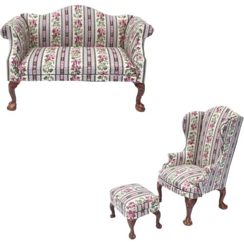 Miniature Wood Mini Upholstered Floral Printed Sofa Furniture 1:12 Dollhouse Living Room Life Scene Decorative DIY
