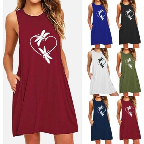 40# Fashion Womens O-Neck Pocket Printing Sleeveless Casual Nightdress Dresses Nightdress Dresses Vestidos Verano 2020 Mujer