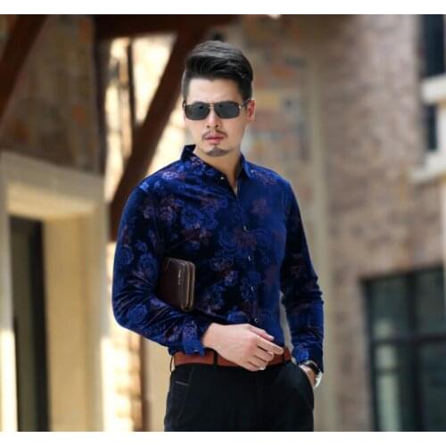 2016 New arrival mens long sleeve thick velvet shirts fashion floral gold velvet dress shirts