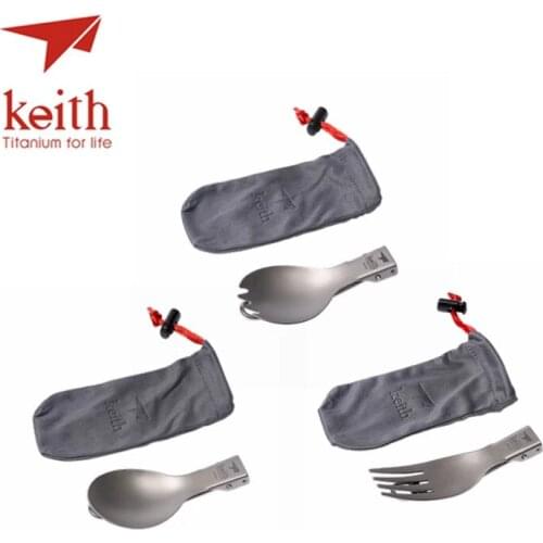 Keith 3 In 1 Titanium Folding Spoon Fork Spork Tableware Set 3Pcs Cutlery Sets With Flannel Bags Outdoor Picnic