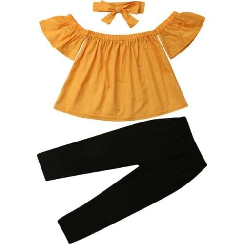 2019 New Pudcoco Kids Baby Girl Outfits Solid Color Off shoulder Floral Tank Shirt Tops Long Pant Headband Fashion Summer Set