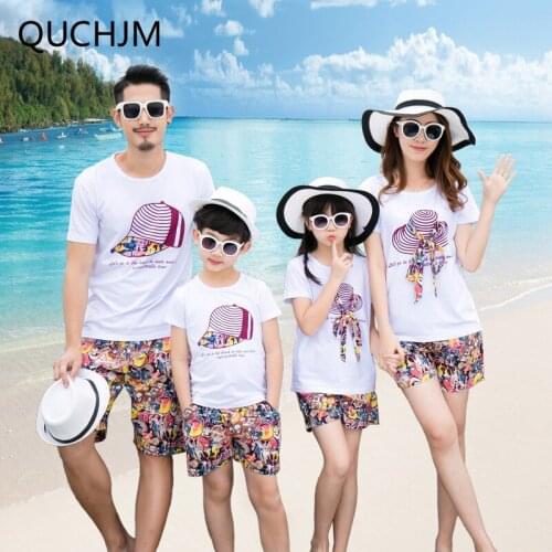 Family Matching Outfits new summer wear short-sleeved leisure beach father and boy and mother girl daughter T-shirt and pants