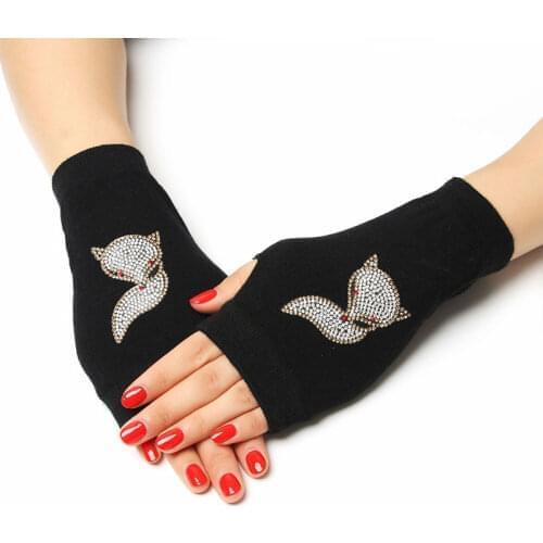 Lovely Rose Printed Lady Rhinestone Fingerless Gloves Women Men Knitted Black Wool Half Finger Computer Mittens Warm Gloves