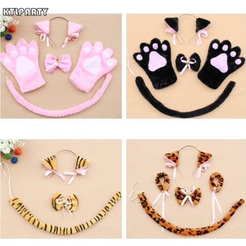 Lolita Anime White Black Plush Cat Neko Tiger Anime Ears Headband Bow Tie Tail Gloves Christmas Cosplay Hairband Party Costume