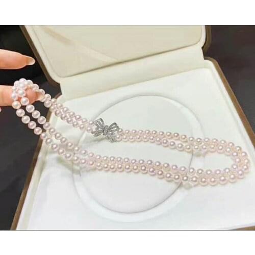 Hand knotted simple noble 2 rows 6~7mm 43-45cm white freshwater pearl micro inlay zircon accessories necklace neck chain