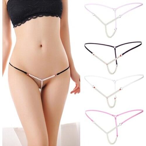 Sexy Womens Pearl G string Thongs Elastic Briefs Crotch Open Thongs Seamless Underwear Sex Wear Hot Erotic Panties with Pearl