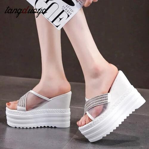 Cheap Summer Mesh Sandals Rhinestone Slippers Women Outdoor Flip Flops Women Beach Slides White Wedges Heels Platform Slippers