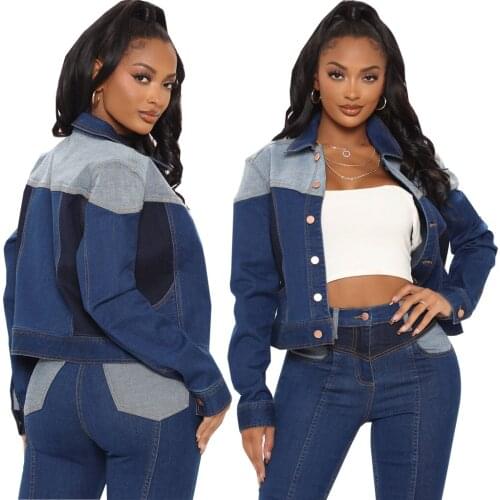 Women Fashion Slimming Denim Jacket Tops Turn-down Collar Single-breasted Casual Patchwork Tops Street Hipster Coats Streetwear