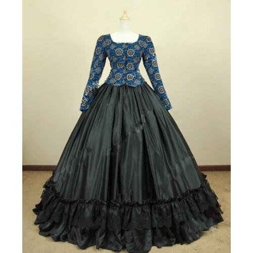Blue Satin Long Sleeve Petticoat Gothic Dress Lolita Costume Victorian Ball Gown Halloween Carnival Cosplay Dresses For Women