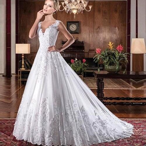 Cap Sleeves Lace A Line Wedding Dress 2020 Crystals Beading Buttons Bridal Gowns Appliques Elegant V Neck Marriage Bride Dresses