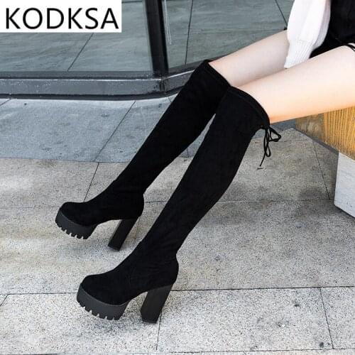 2021 Winter Sexy Knee Boots Tight Stovepipe Knight Boots Suede Round Toe Combat Boots for Women Trend Velvet Warm Womens Boots
