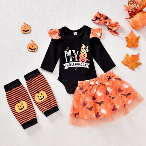 My First Halloween Newborn Girl Party Clothes Long Sleeve Romper Bow Mesh Skirt Headband Striped Socks 4Pcs Outfits Set 0-18M