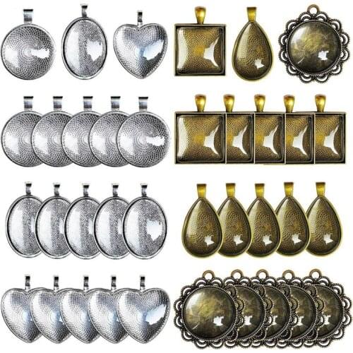 50PCS Vintage Cabochon Pendant Base Heart Round Square Oval Alloy Tray For Necklaces Bracelets Charms DIY Jewelry Making Crafts