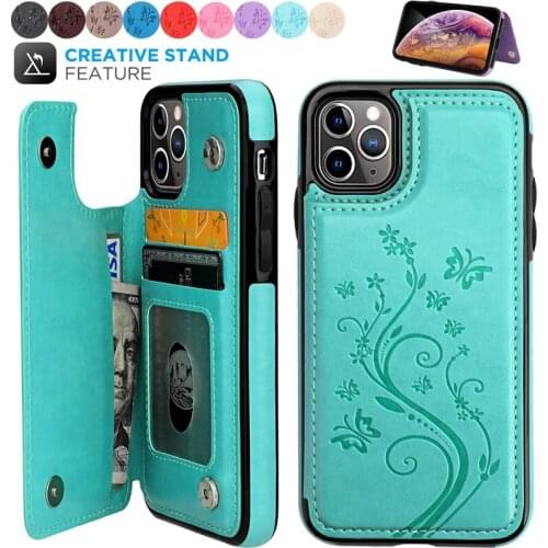 Embossing Magnetic Flip Wallet Case For iPhone 12 11 Pro Max XS Max XR X 8 7 6S 6 Plus SE2020 5 5S SE Lucky Butterfly Flower