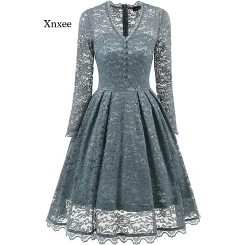 V Neck lace mini Dress Long Sleeve Cocktail Knee Length Pleated Full spring Embroidered Party Dress Vestido fall elegant bodycon