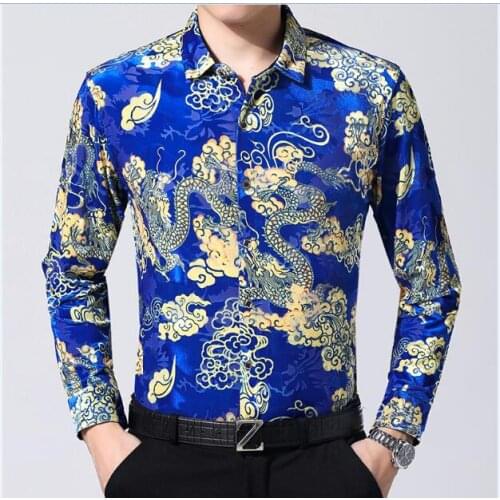 Hot sale sexy man see through clothes autumn china dragon shirt long sleeve male gold velvet dress shirt