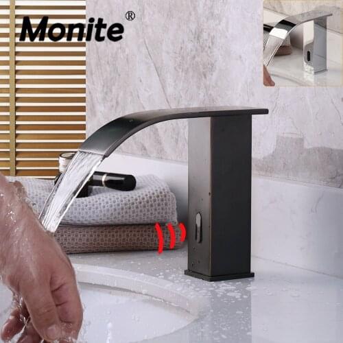 Monite Automatic Hands Touch Free Sensor Soild Brass Black ORB Waterfall Bathroom Wash Basin Sink Mixer Tap Faucet Water Tap