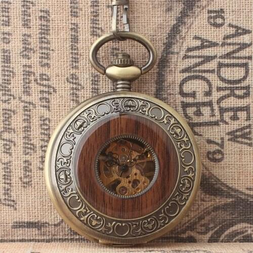 10pcs/lot Wooden Men Pocket Watch Cool Luxury Lover Gift Chain Mechanical Hand Winding Bronze Skeleton Steampunk Watch